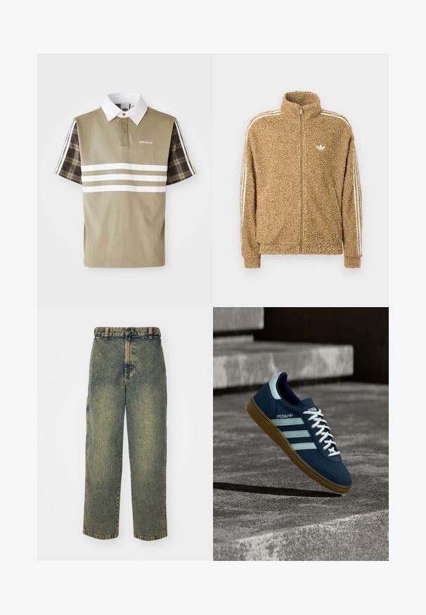 Brun, fuzzy fleecejakke med høj krave, fuld lynlås og hvide sidelister. Har et lille hvidt logo på brystet.; Polo skjorte i olivengrøn med hvide striber og et ternet mønster på de korte ærmer. Har en hvid krave og logo på brystet.; Slidse denim jeans i en falmet blå og grøn vask. Har en knaplukning, bælteløkker og sidelommer. Flad front og lige ben-design.; Blå Adidas Spezial sneaker med hvide striber og snørebånd, gummisål, svævende over en ru betongoverflade og trin i baggrunden.