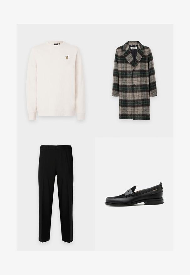 Uldternet frakke med et grå, grøn og sort mønster, med klapkrave, enkelt knaplukning og sidelommer.; Off-white crewneck sweatshirt med lange ærmer og et lille gult og sort fuglelogo på venstre bryst.; Sorte bukser lavet af glat stof, med lige snit, to forlommer og lynlås med knaplukning.; Sort læderloafer med grå remdetalje, lav hæl og tekstureret sål, mærket med "HUGO" i guld på siden.
