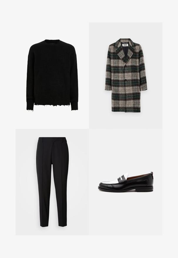 Uldternet frakke med et grå, grøn og sort mønster, med klapkrave, enkelt knaplukning og sidelommer.; Sort langærmet crewneck sweater med frynsede kanter på ærmer og nederste kant, lavet af et fuzzy strikket stof.; Calvin Klein PULL ON - Bukser - black; Sort-hvid læderloafer med syning, lav hæl og slip-on design, vist fra siden på en ensfarvet baggrund.