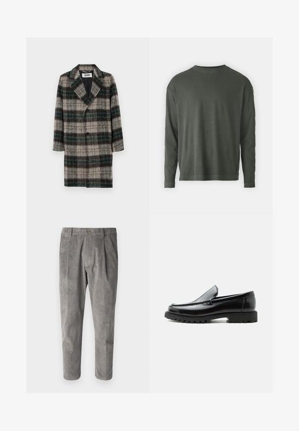 Abrigo de lana de cuadros con un patrón en gris, verde y negro, solapas con muesca, cierre de un solo botón y bolsillos laterales.; DRYKORN MARRIO - Camiseta de manga larga - grey; Pantalones de pana grises con un patrón de rayas verticales texturizadas, con cierre de botón y dos bolsillos laterales. Corte ajustado y largo cropped.; Mocasín de cuero negro con suela de goma gruesa, empeine cosido y nombre de la marca en relieve en el talón, mostrado en perfil lateral sobre fondo blanco.