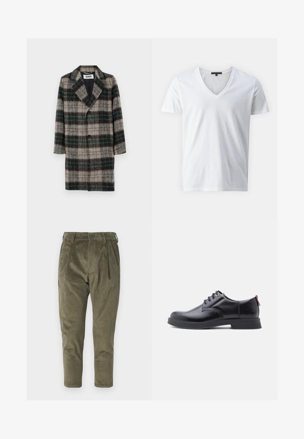 Abrigo de lana de cuadros con un patrón en gris, verde y negro, solapas con muesca, cierre de un solo botón y bolsillos laterales.; Camiseta de algodón blanca con un diseño de cuello en V, mangas cortas y una textura suave. Estilo simple y sin adornos.; Pantalones de pana verde oliva con un corte relajado, que presentan pliegues, una cintura elástica y piernas entalladas. Tejido texturizado con costillas verticales.; Zapatos de piel negra con cordones, textura lisa, puntera redondeada y detalles sutiles de costura. Cuentan con una lengüeta roja en el talón.