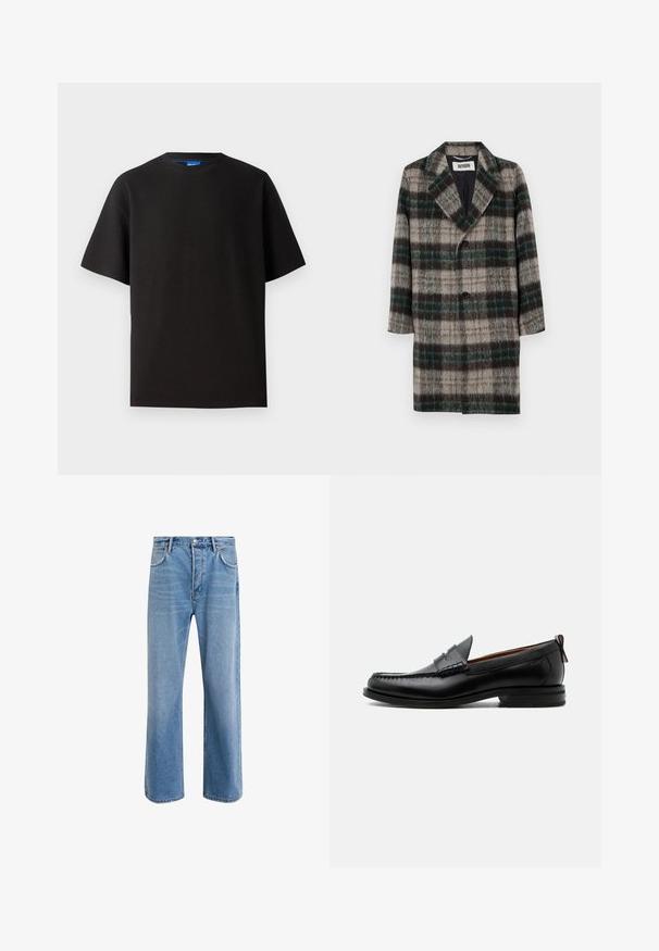 Manteau en laine à carreaux avec un motif gris, vert et noir, revers crantés, fermeture à un bouton et poches latérales.; T-shirt noir à manches courtes, col rond, fabriqué en tissu côtelé. Présente une coupe décontractée et une étiquette de marque bleu subtle à l'intérieur du col.; Jeans en denim bleu clair avec une coupe droite, cinq poches, fermeture à bouton, peu d'usure et des détails de couture contrastés.; Mocassin homme en cuir noir avec couture moc toe, bride penny, col texturé et petit talon empilé sur fond blanc.