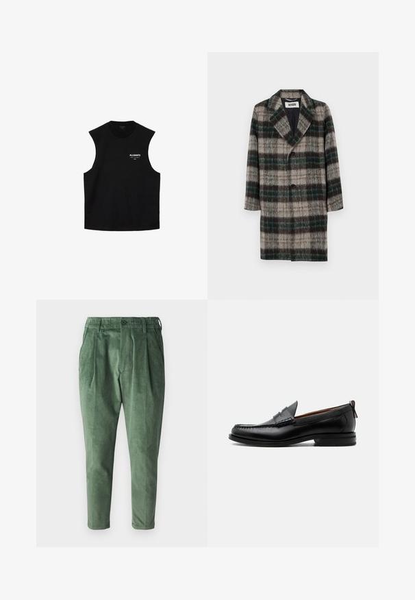 Wollen geruite jas met een grijs, groen en zwart patroon, met notch-revers, een enkele knoopsluiting en zijzakken.; Zwarte mouwloze top met ronde hals en "ALLSAINTS"-logo en kleine witte tekst op de linkerborst.; Groene ribfluwelen broek met een reguliere pasvorm, voorzien van plooien, een elastische tailleband en een enkele knoopsluiting. Soepele, gestructureerde stof.; Zwarte leren herensloffen met moc toe stiksel, pennyriem, gestructureerde kraag en lage gestapelde hak op witte achtergrond.