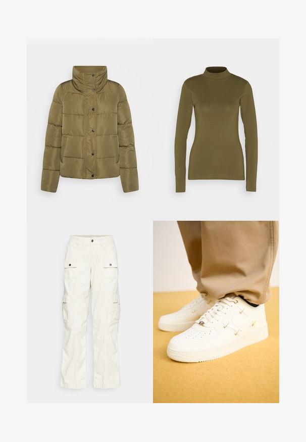 Olijfgroene pufferjack met hoge kraag, drukknoopsluiting, horizontaal doorgestikt patroon en twee zijzakken. Gladde, glanzende stof.; JDY Longsleeve - kalamata; Cargo broek van lichtbeige katoen, met twee grote zijzakken, knoopsluiting en een comfortabele pasvorm met een recht model.; Witte leren sneakers met geperforeerde neus, gouden accenten en platte veters, gecombineerd met beige broek op een gestructureerde gele ondergrond.