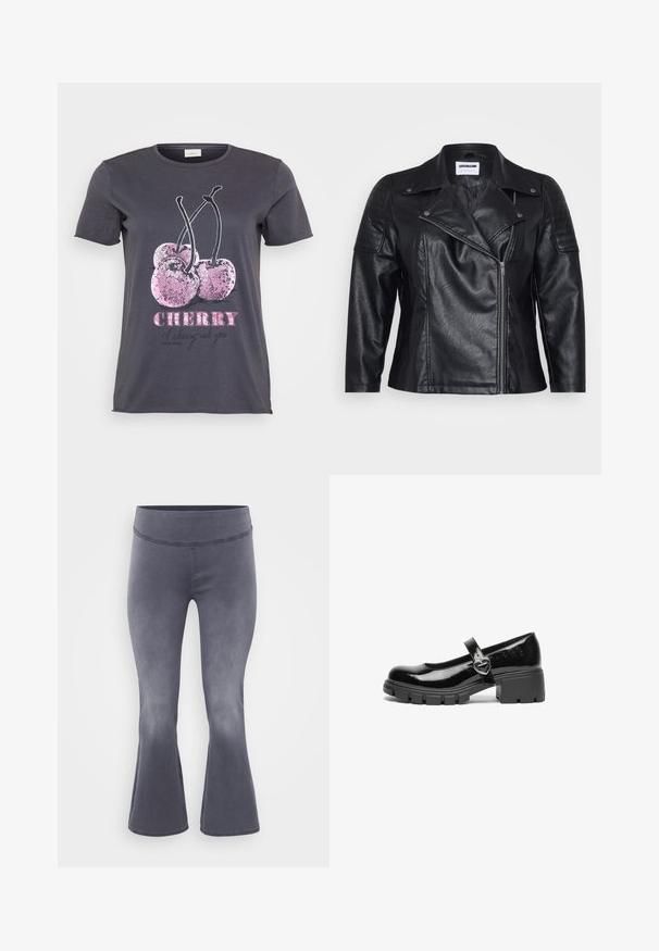 Sort lædermotorcykeljakke med krave, diagonallukning og kviltet skulderdetalje. Har en glat tekstur og skræddersyet pasform.; Grå T-shirt med et kirsebærmotiv med lyserøde glimmerdetaljer, ordet "CHERRY" i fed lyserød og yderligere tekst i sort.; Grå flagrende bukser med en bred talje. Glat stof med en let glans, der falmer fra mørkt i toppen til lysere mod bunden.; Sort patentlæder Mary Jane sko med en kraftig hæl, rund tå og en rem med detajler i form af en hjerteformet spænde.