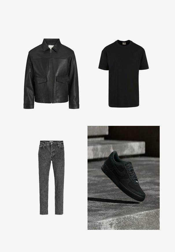 Zwarte leren jack met kraag, ritssluiting aan de voorkant, twee grote klepzakken, een gladde textuur en een gestructureerde pasvorm.; Urban Classics SHORTSLEEVE - T-shirt basic - black; Jack & Jones Relaxed Fit JJICHRIS JJORIGINAL SQ 734 - Jeans Tapered Fit - black denim; Zwarte Nike Air Force 1 sneaker met mesh- en lederen details, die boven getextureerde betonnen treden zweeft bij weinig licht.