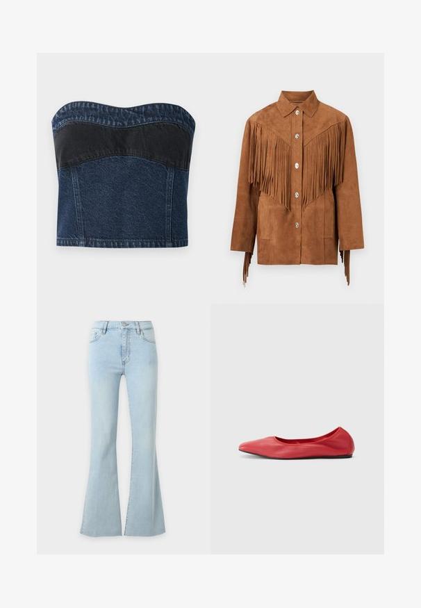 Bruine suède jas met zilveren knopen en lange franjes over de borst en mouwen, met kraag en twee zakken aan de voorkant.; Denim strapless top met een donkerblauw ontwerp en een zwarte paneel over het bovenste gedeelte, een gladde textuur en een gebogen halslijn.; Lichtblauwe high-waist denim jeans met uitlopende pijpen, knoop- en ritssluiting, voor- en achterzakken.; Filippa K REY FLATS - Ballerina's - bright red