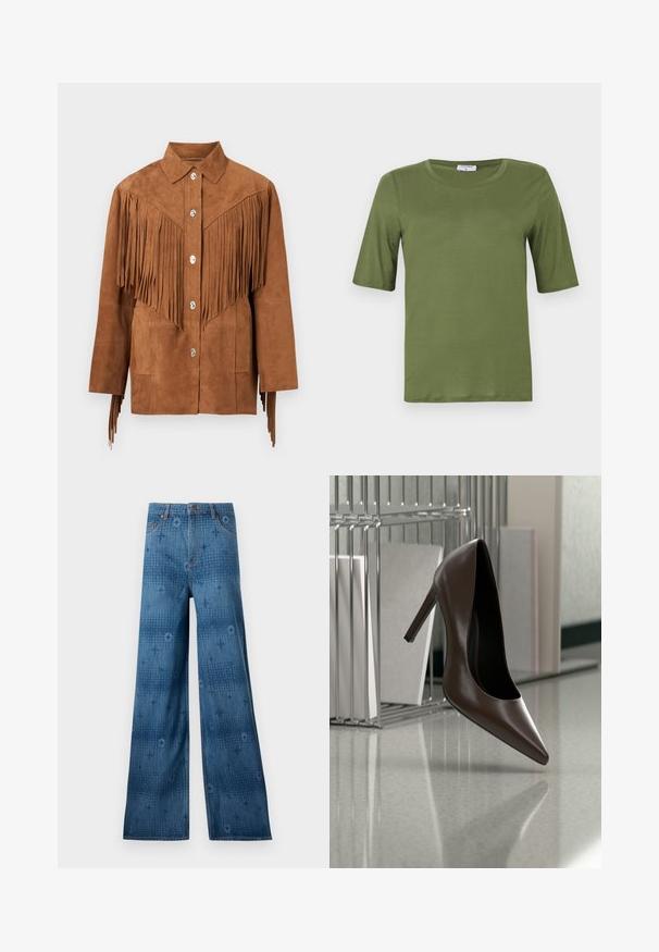 Chaqueta de ante marrón con botones plateados y detalles de flecos largos en el pecho y las mangas, con cuello y dos bolsillos frontales.; Camiseta de manga corta color verde oliva hecha de tela suave, con cuello redondo y corte recto sin patrones o acentos visibles.; Jeans de denim de pierna ancha en azul oscuro, con un patrón sutil en todo el tejido y un diseño clásico de cinco bolsillos. La costura contrasta con la tela.; Zapato de cuero marrón oscuro con tacón alto flotando sobre un suelo reflectante junto a un estante metálico con paneles blancos en una habitación.