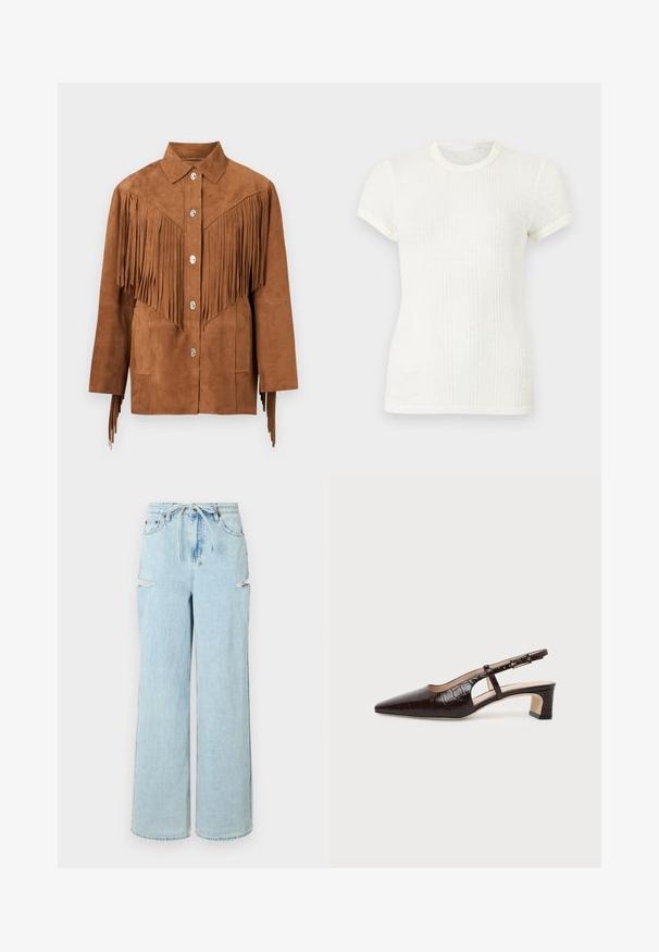 Chaqueta de ante marrón con botones plateados y detalles de flecos largos en el pecho y las mangas, con cuello y dos bolsillos frontales.; Camiseta blanca de manga corta de punto acanalado con cuello redondo y mangas ligeramente abullonadas.; Jeans de mezclilla de tiro alto en un azul claro, con pierna ancha y cintura con cordón. Presentan dos desgastes en las rodillas y un dobladillo limpio. Textura suave y corte relajado.; Zapato slingback de cuero con textura de cocodrilo en marrón oscuro, puntera puntiaguda, tacón bajo de bloque y correa ajustable con hebilla dorada.