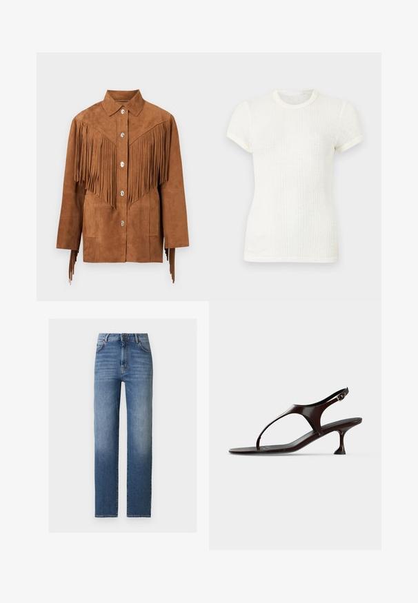 Veste en daim marron avec des boutons argentés et de longues franges décoratives sur la poitrine et les manches, à col avec deux poches avant.; T-shirt blanc en maille côtelée à manches courtes avec col rond et manches légèrement bouffantes.; Jean bleu moyen taille haute à jambes droites avec bouton frontal, fermeture éclair, et poches avant et arrière sur un fond blanc.; Sandale slingback en cuir verni marron foncé avec petit talon et bride entre les orteils sur fond blanc.