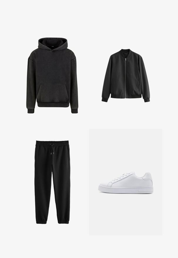 Schwarze Bomberjacke aus glattem Stoff, mit Reißverschluss vorne, geripptem Kragen, Saum und Bündchen, sowie zwei Seitentaschen.; Urban Classics Kapuzenpullover - magnet; Schwarze Jogginghose mit elastischem Bund, verstellbarem Kordelzug, Seitentaschen und elastischen Bündchen an den Knöcheln.; Weiße Ledersneaker mit glatter Textur, runder Zehenform, Schnürung vorne und flacher Gummisohle. Mit eingeprägtem Branding an der Ferse.