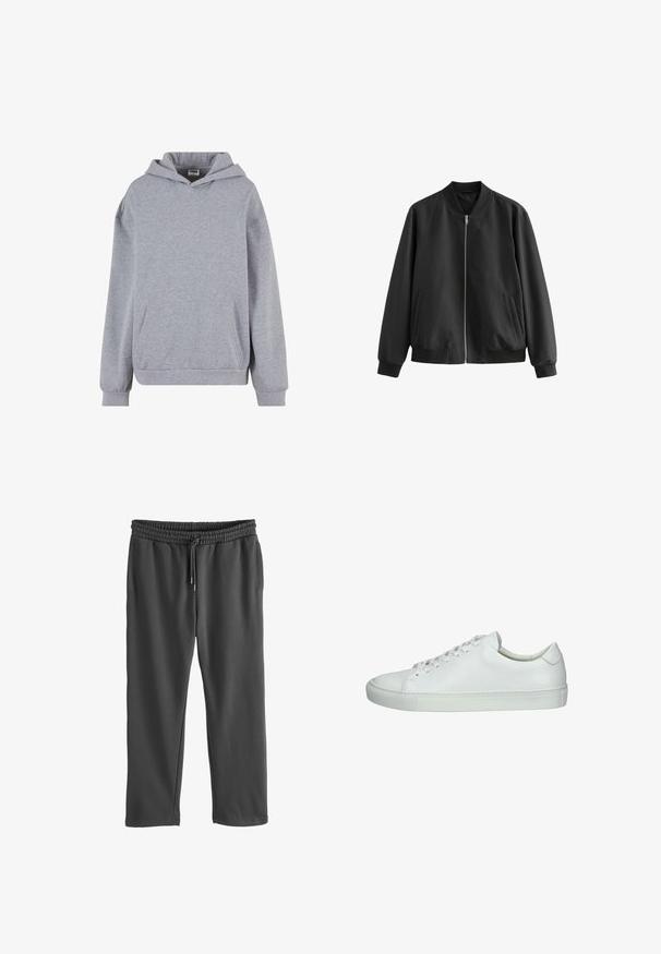 Sort bomberjakke lavet af glat stof, med lynlås fortil, ribbet krave, kant og manchetter, samt to sidelommer.; Lysegrå pullover hoodie med lange ærmer, for lomme foran og ribkant ved ærmerne på hvid baggrund.; Grå sweatpants med elastisk talje og justerbar snøre. Fremstillet af blødt stof, med sidelommer og en afslappet pasform.; Hvide lædersneakers med en glat overflade, rund tå, snørelukning og tekstureret gummisol. Minimalistisk design med en lav profil.