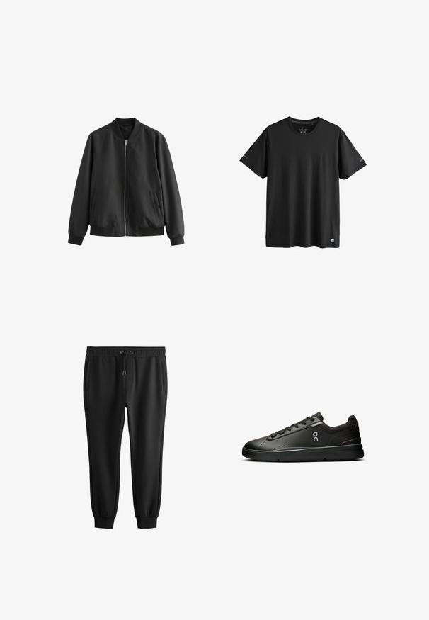 Chaqueta bomber negra hecha de tejido suave, con cierre de cremallera en el frente, cuello de canalé, dobladillo y puños, además de dos bolsillos laterales.; Camiseta deportiva negra de manga corta con cuello redondo, con logos sutiles en las mangas y el dobladillo inferior, talla mediana.; Pantalones deportivos negros ajustados con cinturilla elástica, cordón, bolsillos laterales y puños acanalados en los tobillos.; On THE ROGER ADVANTAGE - Zapatillas de tenis para todas las superficies - black black