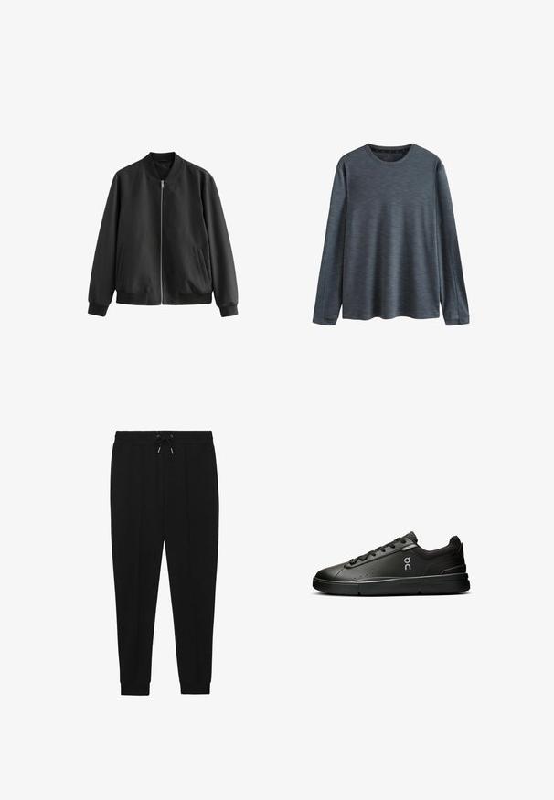 Chaqueta bomber negra hecha de tejido suave, con cierre de cremallera en el frente, cuello de canalé, dobladillo y puños, además de dos bolsillos laterales.; Camisa de manga larga en tejido gris oscuro jaspeado, con cuello redondo y una textura sutil. Diseño simple sin patrones ni acentos adicionales.; Pantalones deportivos negros con cintura ajustable, piernas ajustadas y puños acanalados. Hechos de una tela suave con una textura lisa.; On THE ROGER ADVANTAGE - Zapatillas - black black
