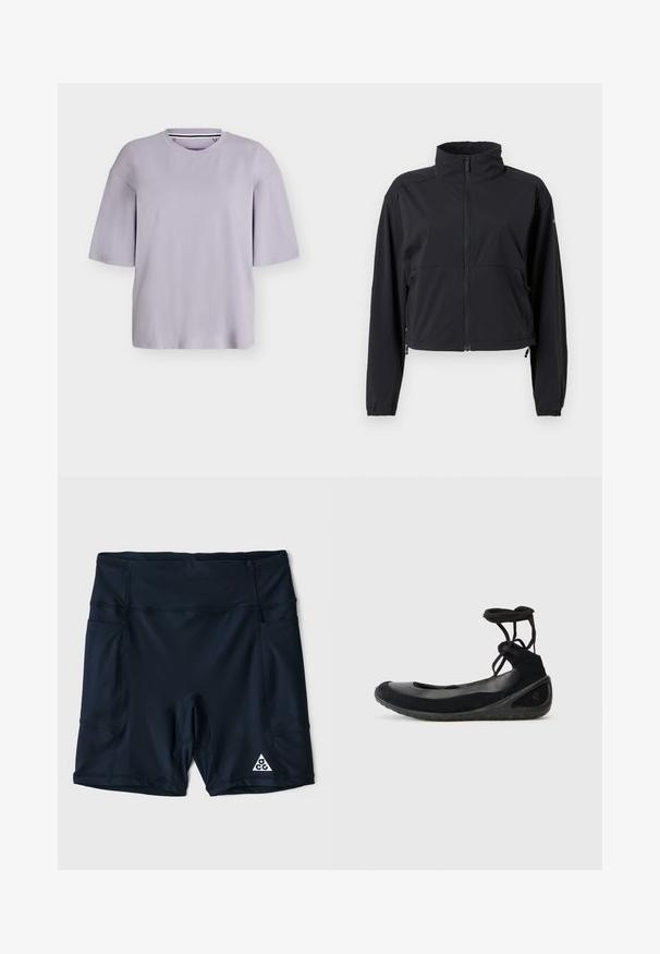 Veste légère noire avec ouverture zippée intégrale à l'avant, col montant, manches longues et cordons de serrage ajustables à l'ourlet.; T-shirt oversize violet clair à manches courtes avec un col rond, présenté sur un fond uni clair.; Shorts de sport bleu marine en tissu extensible, avec une taille haute, des poches latérales et un logo blanc dans le coin inférieur droit.; Des ballerines noires en suède, avec une semelle en caoutchouc et des lacets entrecroisés. Présentant un bout rond et une accent latéral texturé.