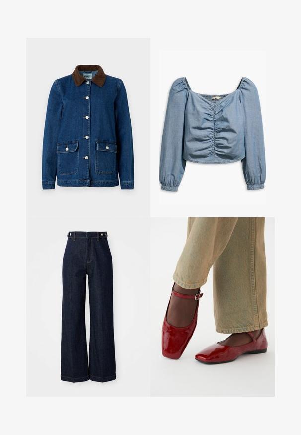 Tumesinise viimistlusega teksajakk, pruunist kardinast krae, hõbedased nupud ja kaks eesmist taskut. Omab klassikalist disaini.; Heledu sinine, lühendatud pika varrukaga blouse pehmes denimis. Omab esiosas volangitud kangast ning elastset kaelust ja varrukaotst.; Tumedast sinistest lõngadest valmistatud laiad teksapüksid, mis on kõrge vöökoht, viie tasku kujundus ja kontrastsete oranžide õmblustega.; Punase läikivad nahkinga, millel on ruudukujuline nina, madal konts ja pahkluustrapp, koos helesiniste laiade teksadega. Siledat tekstuuri, peegelduv pind.