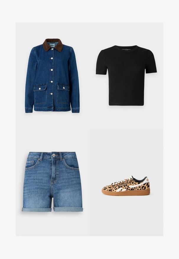 Denim jack met een donkerblauwe afwerking, een bruine ribfluwelen kraag, zilveren drukknoopsluitingen en twee voorzakken. Heeft een klassiek ontwerp.; Zwart nauwsluitend T-shirt met korte mouwen, geribbelde textuur en een ronde halslijn. Eenvoudig ontwerp, zonder zichtbare logo's of versieringen.; Blauwe denimshorts met omgeslagen zomen, vooraan knoop- en ritssluiting, taillebandlussen en voor- en muntzakken.; Leporine print sneakers met een tan rubberen zool, witte strepen en zwarte accenten. Heeft een gestructureerde bovenkant en logo-details.