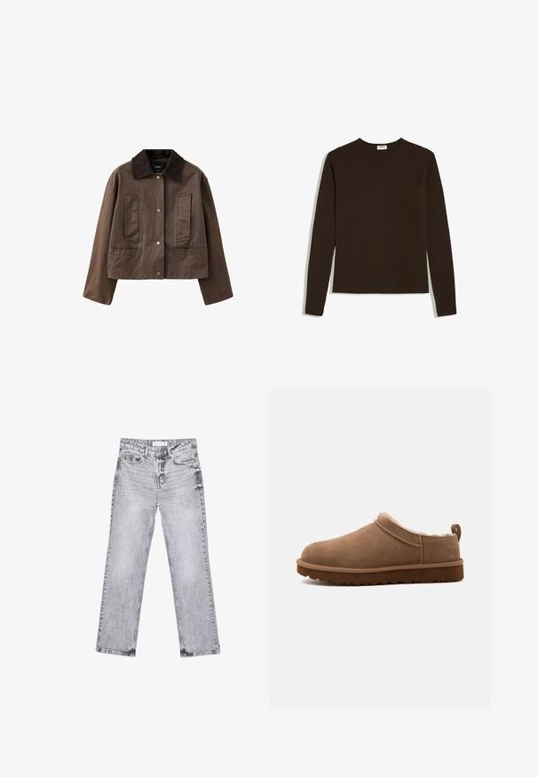 Veste courte marron avec col large, fermeture à boutons sur le devant, deux poches verticales sur la poitrine et deux poches horizontales en bas.; T-shirt à manches longues brun foncé, col rond, design uni, posé à plat sur fond blanc.; Jean en denim gris avec une coupe droite, des détails déchirés, cinq poches et des rivets en cuivre. La ceinture présente une étiquette de logo.; Chausson marron en daim à enfiler, avec une doublure intérieure en peluche et une semelle épaisse à crampons, présenté de côté sur un fond uni.