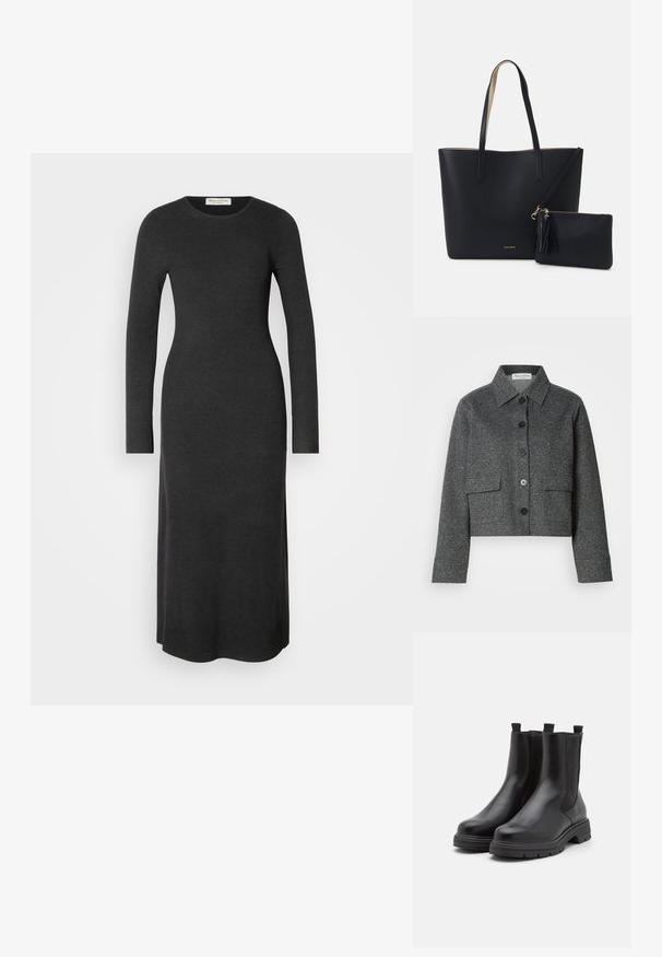 Graue, taillierte Jacke aus strukturiertem Stoff, mit Kragen, Knopfverschluss vorne und zwei aufgesetzten Taschen.; Langärmliges, dunkelgraues Strickkleid mit taillierter Silhouette, rundem Ausschnitt und Seitenschlitzen für Bewegungsfreiheit. Angenehme, glatte Textur.; Schwarze Leder-Stiefeletten mit elastischen Seiteneinsätzen, runder Zehenform und dicker Gummisohle. Mit Zuglaschen für einfaches An- und Ausziehen.; Schwarze Tragetasche aus strukturiertem Material, mit zwei langen Griffen und einem abnehmbaren Reißverschlussbeutel mit Quastendetail. Goldenes Markenlogo sichtbar.