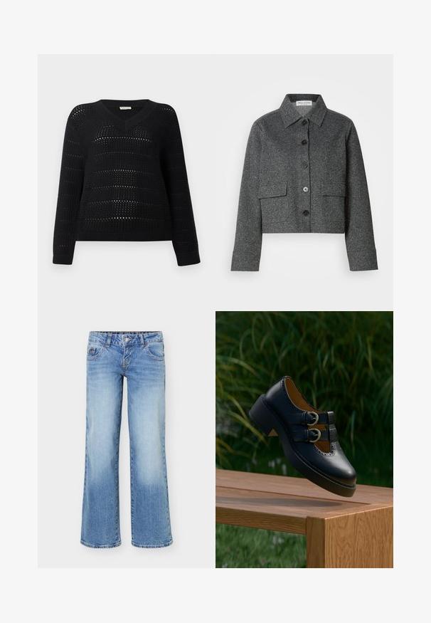 Veste grise courte en tissu texturé, dotée d'un col, d'une fermeture à boutons sur le devant et de deux poches plaquées.; TOM TAILOR DENIM V NECK - Pullover - deep black; Jean en denim bleu clair avec une jambe légèrement évasée, style cinq poches, et une fermeture avant à boutons et zip.; Chaussure noire en cuir à double boucle avec des détails perforés flottant au-dessus d'un banc en bois à l'extérieur avec de l'herbe verte et des plantes en arrière-plan.