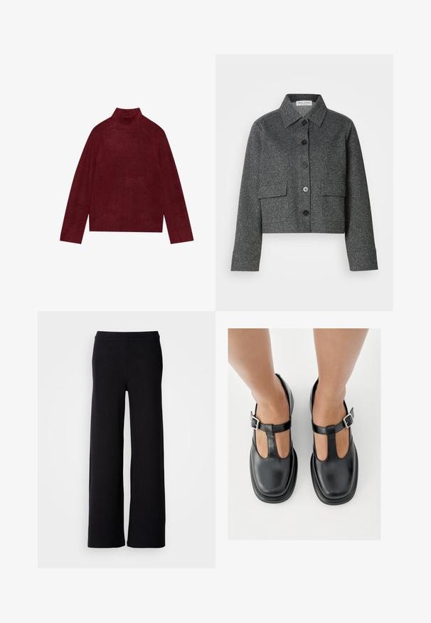 Grå cropped jakke lavet af struktureret stof, med krave, frontknaplukning og to påsyede lommer.; Bordeaux turtleneck trøje, strikket, med ribbede detaljer ved kraven og ærmerne, med en boxy form og blød tekstur.; Sorte, brede bukser med lodrette striber, lavet af et tekstureret stof. Udstyret med et elastisk taljebånd for komfort.; Sorte lædersko med T-rem-design, lukket tå og sølvfarvede spændeaccenter. Glat tekstur med rundet tå og flad sål.