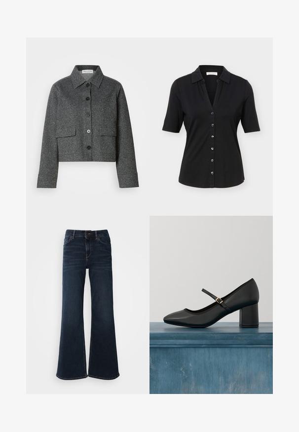 Chaqueta gris corta hecha de tela texturizada, con cuello tipo solapa, cierre frontal de botones y dos bolsillos de parche.; Camisa negra de manga corta con botones, cuello, seis botones al frente y una silueta ligeramente entallada.; Mos Mosh HERA - Vaqueros a campana - dark blue; Zapato negro tipo Mary Jane con tacón cuadrado y tira de hebilla dorada, flotando sobre un suelo de hormigón liso en un ambiente interior minimalista.