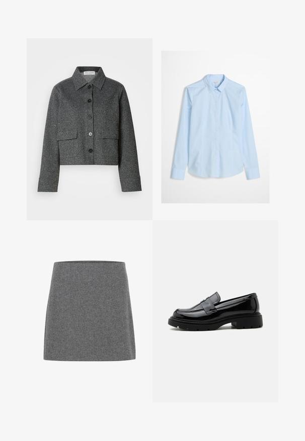 Veste grise courte en tissu texturé, dotée d'un col, d'une fermeture à boutons sur le devant et de deux poches plaquées.; Chemise bleu clair à manches longues, col classique, avec un logo discret brodé sur la poitrine. Tissu lisse et net.; Une mini-jupe en feutre gris avec une coupe droite et une texture lisse, dotée d'une large ceinture et sans coutures ni embellissements visibles.; Mocassin en cuir noir brillant avec semelle épaisse à crampons et bride penny, présenté en profil latéral sur fond blanc uni.