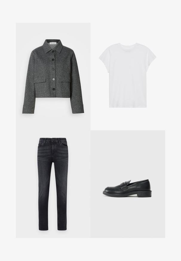 Grå cropped jakke lavet af struktureret stof, med krave, frontknaplukning og to påsyede lommer.; Hvid kortærmet t-shirt med rund hals, afslappet pasform, lavet af blødt bomuldsstof. Glat tekstur, ingen mønstre eller logoer.; Sorte denim jeans med lige skæring. Har fem lommer, knaplukning og bæltestropper. Stoffet har en glat tekstur og let stræk.; Sorte læder loafers med rund tå, stikninger og en lille hæl. Glat tekstur og en fleksibel gummisål.
