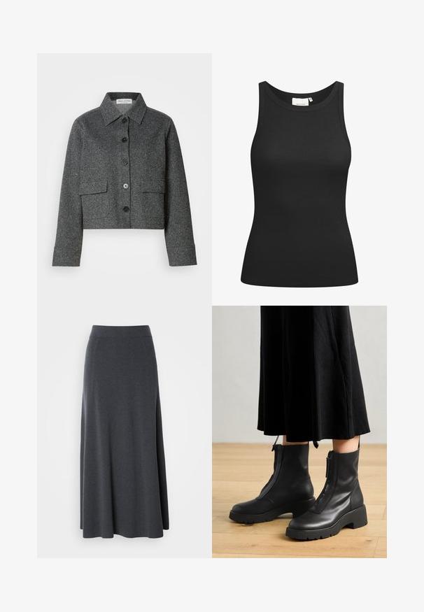 Grå cropped jakke lavet af struktureret stof, med krave, frontknaplukning og to påsyede lommer.; Sort tanktop lavet af ribbet materiale, med en scooped halsudskæring og en tætsiddende form. Flade sømme og ingen udsmykninger. Enkel og strømlinet design.; Mørkegrå maxi-nederdel lavet af blødt, strækbart stof. Har en høj talje og en svævende design med diskrete sidesømme for form.; Sorte læder ankelstøvler med en kraftig platformsål og en frontlynlås. Glat tekstur med et minimalistisk design.