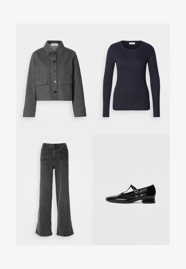 Grå cropped jakke lavet af struktureret stof, med krave, frontknaplukning og to påsyede lommer.; Marineblå langærmet ribbet top med rund hals. Fremstillet af blødt stof, har den et tætsiddende design og en subtil tekstur hele vejen igennem.; Høj talje, brede ben sorte jeans lavet af denim, med knaplukning, bæltestropper og to baglommer med syninger.; Sorte Mary Jane-sko i læder med spids tå, lille blokhæl og justerbar rem med sølvspænde. Glat, blank tekstur.