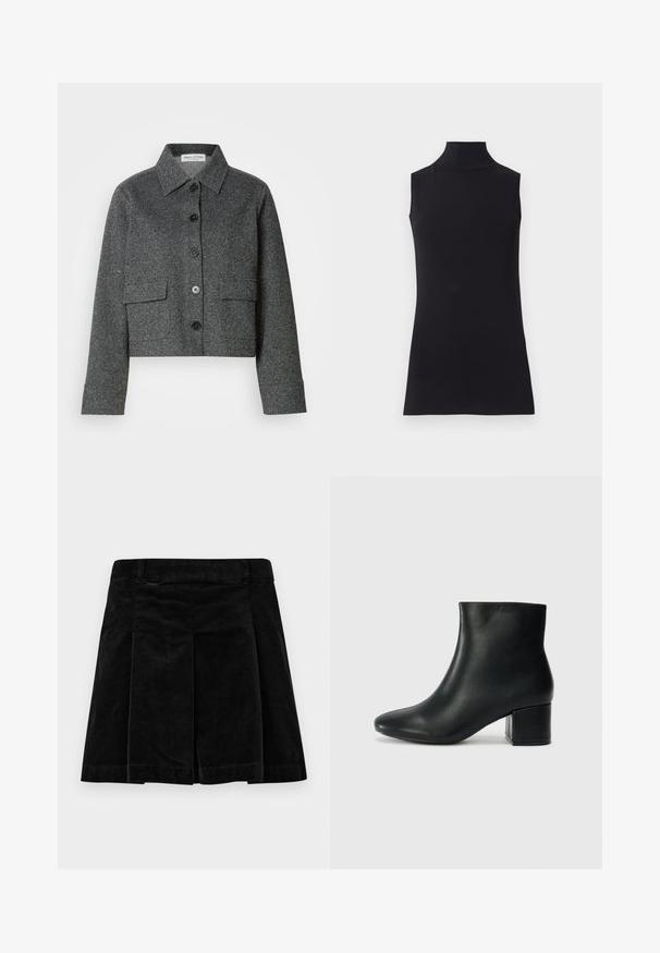 Grå cropped jakke lavet af struktureret stof, med krave, frontknaplukning og to påsyede lommer.; Sort ærmeløs turtleneck top, lavet af glat stof. Figurtilpasset design med høj hals og lige kant, minimalistisk og ensfarvet.; Sort fløjlskørt med plisseret design, der har en lige snit, tekstureret overflade og en talje for en sikker pasform.; Sorte læder ankelstøvler med spids tå og en kraftig hæl. Glat tekstur med minimale detaljer og et slankt, tætsiddende design.