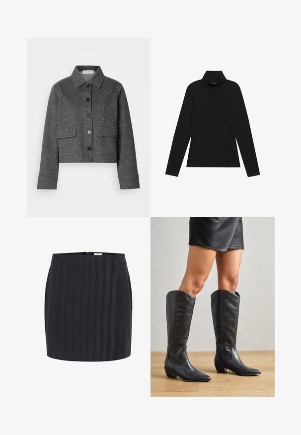 Grå cropped jakke lavet af struktureret stof, med krave, frontknaplukning og to påsyede lommer.; Sort turtleneck med lange ærmer. Blødt stof, tætsiddende design, høj krave og sidesøm. Simpel og alsidig stil, der er velegnet til lag-på-lag.; Mørkeblå nederdel med lodrette hvide striber, tætsiddende pasform, glat tekstur og lynlås lukning bagpå, afsluttet med en kant forneden.; Sorte knæhøje støvler lavet af glat læder, med spidse tæer, lav blokhæle og lynlås i siden for nem påtagning.