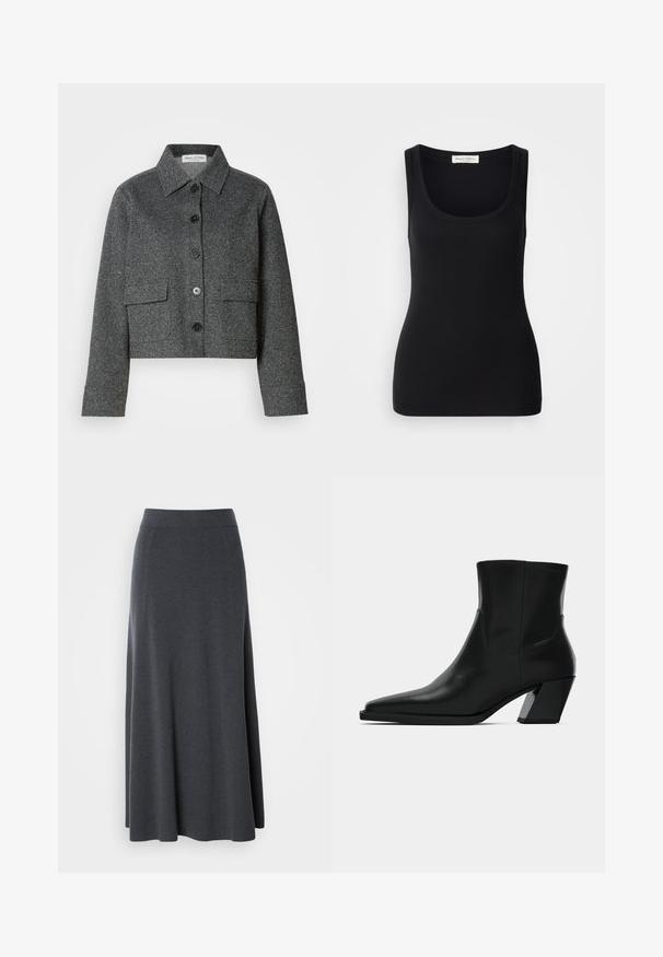 Grå cropped jakke lavet af struktureret stof, med krave, frontknaplukning og to påsyede lommer.; Sort ribbet tanktop med rund halsudskæring, brede skulderstropper og en tætsiddende pasform. Label bagpå med teksten "Marc O'Polo."; Mørkegrå maxi-nederdel lavet af blødt, strækbart stof. Har en høj talje og en svævende design med diskrete sidesømme for form.; Sortlæder ankelstøvle med spids tå, en slank silhuet og en kraftig firkantet hæl. Glat tekstur med minimale stikninger.