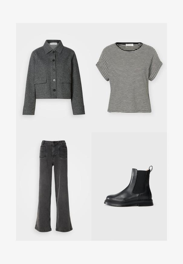 Grå cropped jakke lavet af struktureret stof, med krave, frontknaplukning og to påsyede lommer.; Sort-hvid kortærmet t-shirt med vandrette striber, rund halsudskæring og afslappet pasform.; Høj talje, brede ben sorte jeans lavet af denim, med knaplukning, bæltestropper og to baglommer med syninger.; Sorte læder Chelsea-støvler med elastiske sidepaneler, rund tå og en tekstureret sort gummisål. Har en løftestrop for nem påtagning.