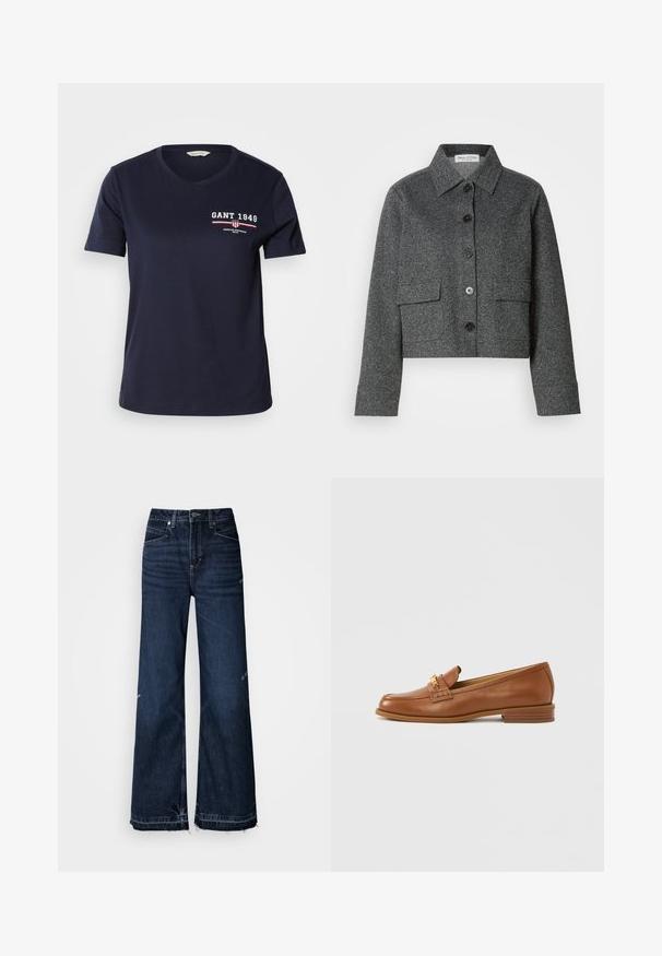Graue, taillierte Jacke aus strukturiertem Stoff, mit Kragen, Knopfverschluss vorne und zwei aufgesetzten Taschen.; Marineblaue Baumwoll-T-Shirt mit V-Ausschnitt und kurzen Ärmeln, versehen mit weißem und rotem Logo-Text "GANT 1949" und Designelementen auf der linken Brust.; Hoch taillierte, weit geschnittene Jeans aus dunklem Denim. Merkmale sind ausgefranste Säume und ein Fünf-Taschen-Design mit sichtbaren Nähten.; Brauner Lederloafer mit runder Kappe, dekorativem Riemen und kleinem Absatz. Glatte Textur, dezente Ziernähte und goldfarbene Metallakzente.