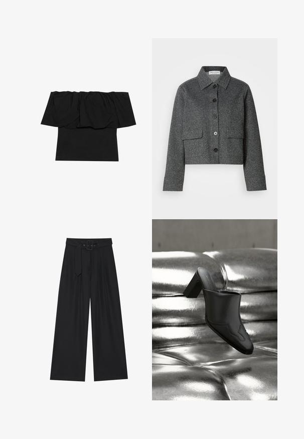 Grå cropped jakke lavet af struktureret stof, med krave, frontknaplukning og to påsyede lommer.; Sort off-shoulder top med foldet stof ved halsudskæringen, en tætsiddende tekstur ved kroppen og korte ærmer. Blødt, glat materiale.; Bredbenede sorte bukser lavet af glat stof, med en høj talje, et bælte med en firkantet spænde og forkertninger foran for ekstra tekstur.; Sort lædermule med blokhæl hvilende på en skinnende sølvpolstret overflade, der fremhæver dens elegante design og buede detaljer.