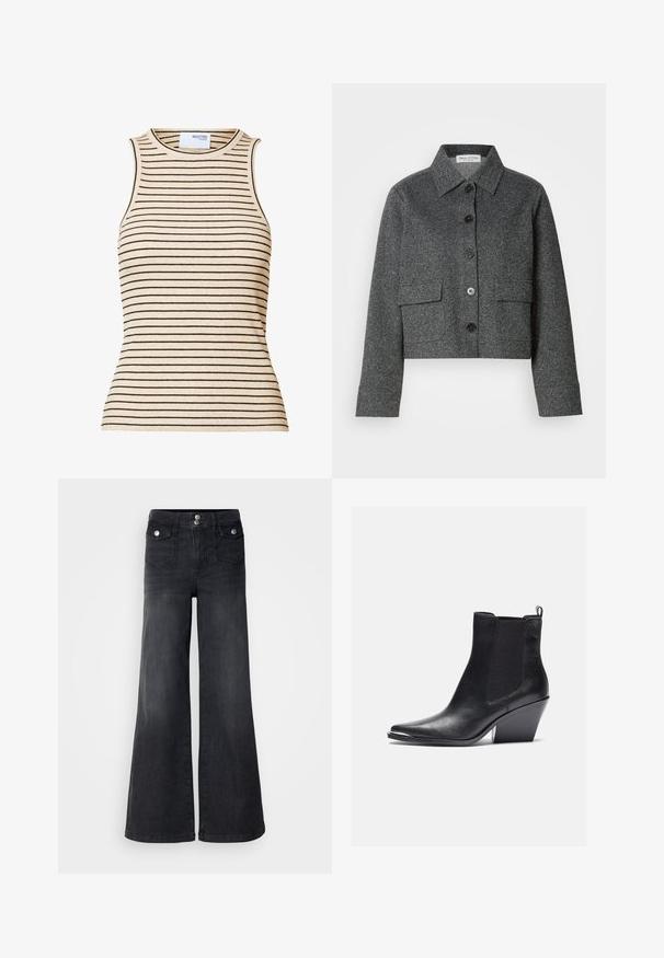 Grå cropped jakke lavet af struktureret stof, med krave, frontknaplukning og to påsyede lommer.; Beige ærmeløs ribstrikket top med smalle sorte vandrette striber og rund halsudskæring.; Sorte denim brede ben jeans med høj talje, forknapper og to forlommer; glat tekstur med en let falmet finish.; Sorte læder ankelstøvler med spids tå, elastiske sidepaneler og blokhæl. Finishen er glat med et strømlinet design.