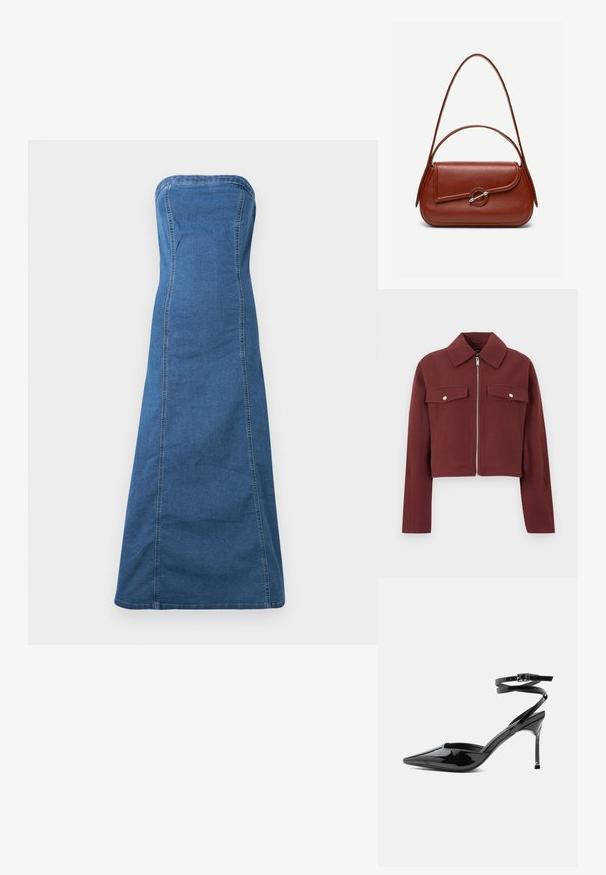 Bordeaux cropped jakke lavet af et tekstureret stof. Har lynlås lukning og to forlommer med sølvfarvede trykknapper.; Blå denim stropløs kjole i medium farve med en lige silhuet, der har synlige sømme og en glat tekstur.; Sort laklæder spids tå stilet hæl med tynde ankremme og lille spænde.; Brun skuldertaske i læder med afrundet rektangulær form, asymmetrisk klap, sølvfarvet rund lukning og to tynde stropper.