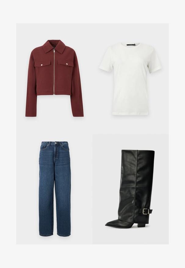 Veste courte bordeaux en tissu texturé. Elle comporte une fermeture éclair et deux poches avant avec des boutons-pression argentés.; T-shirt blanc uni à manches courtes avec encolure ronde, ourlet droit, présenté à plat sur un fond clair.; Jean en denim bleu foncé avec une coupe ample, un design à cinq poches et une fermeture à bouton avec des accents en métal le long des coutures latérales.; Bottes noires en cuir longueur cheville avec un bout pointu, texture lisse et une accent en boucle argentée sur le côté. Talon carré épais.