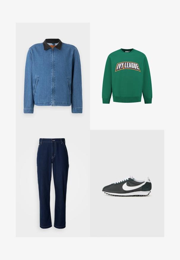 Blauw geruit jack met rits, zwarte corduroy kraag en zijzakken, weergegeven op een effen achtergrond.; Groene sweatshirt met ribgebreide boorden en onderrand. Bevat een groot "IVY LEAGUE" graphic in wit en oranje over de voorkant.; Donkerblauwe denim broek met rechte pasvorm, versterkte naden en zijzakken. Voorzien van een knoopsluiting en een fijne textuur.; Zwarte mesh sneakers van Nike met een witte swoosh, witte veters en donkergroene suède accenten. Voorzien van een gestructureerde zwarte rubberen zool.