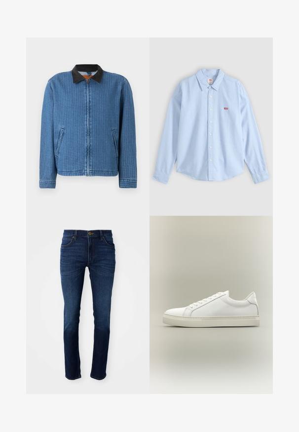 Blauw geruit jack met rits, zwarte corduroy kraag en zijzakken, weergegeven op een effen achtergrond.; Lichtblauw overhemd met lange mouwen, knopen en kraag, met het rode Levi's-logo op het linkerbovenzakje, plat gelegd op een grijze achtergrond.; Donkerblauwe denim broeken met een klassieke rechte pasvorm, voorzien van een knoopsluiting en vijf zakken. De stof heeft een gladde textuur.; Witte lage sneaker met veters aan de voorkant en dikke zool, zijaanzicht tegen een neutrale achtergrond.