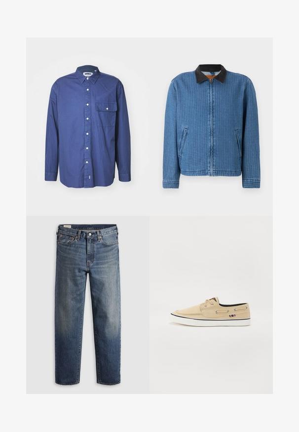 Veste zippée à carreaux bleus avec col en velours côtelé noir et poches latérales, présentée sur fond uni.; Chemise à manches longues bleu marine en tissu tissé, avec un col pointu, une poche avant et des boutons blancs le long de la patte de boutonnage.; Jean en denim bleu foncé avec une coupe décontractée, jambes droites, design à cinq poches et légère décoloration au niveau des cuisses. Bouton et rivets argentés.; Bateau en toile beige avec œillets en métal, semelle en caoutchouc blanc et rayures d'accent bleu marine. Présente un patch en tissu marron sur la languette.
