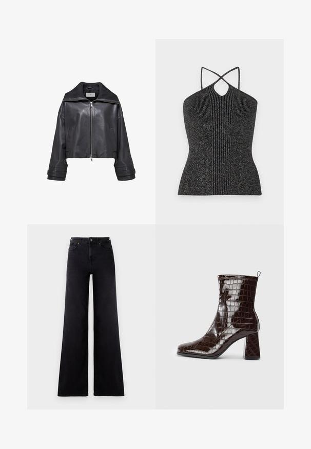 Schwarze, kurze Lederjacke mit einem breiten Kragen, Reißverschluss vorne und Bündchen an den Ärmelenden. Sie zeichnet sich durch eine glatte Textur und ein minimalistisches Design aus.; Schwarzes ärmelloses Top mit Schlüsselloch-Ausschnitt, ausgestattet mit überkreuzten Trägern und einer gerippten Textur, veredelt mit metallischen Fäden für einen Glanz.; Hoch geschnittene schwarze weite Jeans mit vorderen Taschen, Gürtelschlaufen und einer Knopfleiste.; Dunkelbraune Lackleder-Ankle Boots mit Krokodillederstruktur, Blockabsatz und Zuglasche hinten vor weißem Hintergrund.