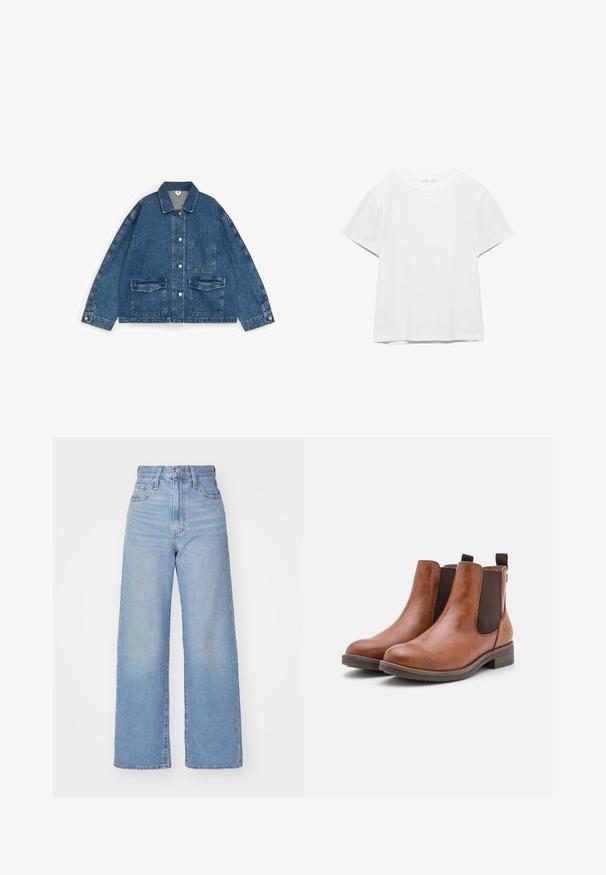 Veste en denim bleu avec col pointu, fermeture à boutons, deux poches à rabat, une poche poitrine et manches longues avec poignets à boutons.; T-shirt blanc uni à manches courtes et col rond, avec un ourlet droit, présenté sur un fond blanc.; Jean large taille haute bleu clair avec bouton et fermeture éclair à l'avant, poches avant et arrière, sur fond blanc.; Bottines en cuir marron avec des panneaux élastiques sur les côtés, bout rond et petit talon en bois. Présentent une languette pour un enfilage facile.