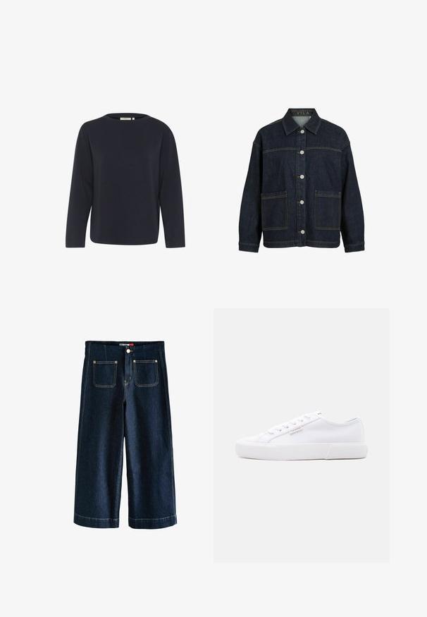 Mørkeblå denimjakke med lange ærmer, knaplukning foran, store forlommer og krave, mærket VILA inde i kraven.; Marineblå langærmet top lavet af blødt stof, med rund halsudskæring og en afslappet pasform. Minimalistisk design uden synlige mønstre eller accenter.; Mørkeblå denimjeans med brede, cropped ben, forlommer, knaplukning og synlige gule stikninger.; Hvid low-top sneaker med platformsål, snørebånd foran og lille Calvin Klein logo på siden.