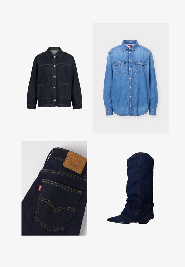 Donkerblauwe spijkerjas met lange mouwen, knoopsluiting aan de voorkant, grote voorzakken en kraag, met label VILA aan de binnenkant van de kraag.; Lichtblauw denim overhemd met knopen, lange mouwen, twee klepzakken aan de voorkant en een kraag, getoond op een witte achtergrond.; Donkerblauwe Levi's jeans met gele stiksels, achterzak toont rood Levi's label en bruin leren merkpatch op de tailleband.; sacha Laarzen - blue