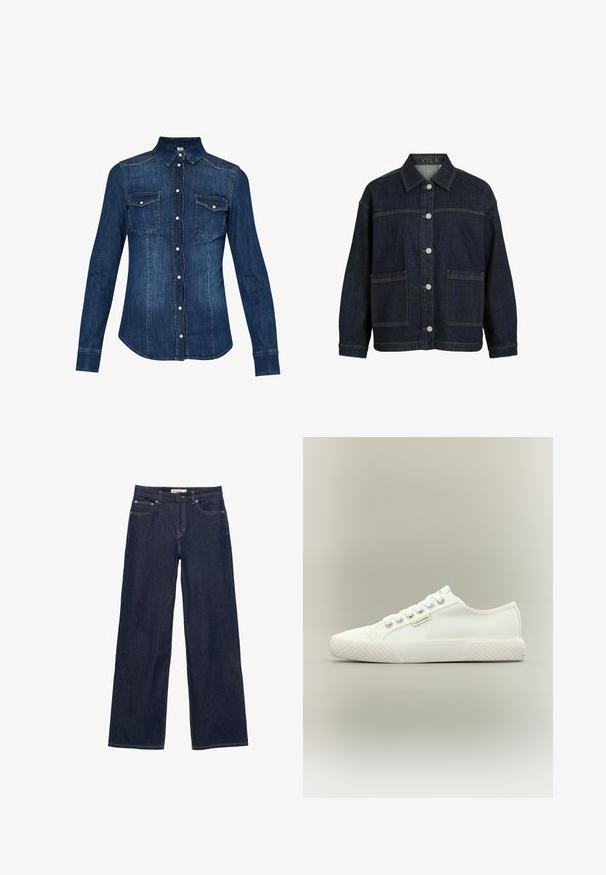 Veste en jean bleu foncé à manches longues, fermeture boutonnée devant, grandes poches avant et col, avec étiquette VILA à l'intérieur du col.; Chemise en denim bleu foncé, avec une fermeture à boutons à l'avant, un col pointu et deux poches sur la poitrine avec rabat. Manches longues avec poignets boutonnés.; Jean en denim bleu foncé avec des jambes larges et droites, poches avant et fermeture par bouton et fermeture éclair.; Baskets basses blanches en toile avec semelle en caoutchouc texturée, lacets blancs et petite étiquette Calvin Klein sur le côté.