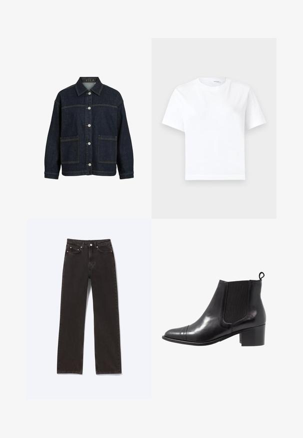 Veste en jean bleu foncé à manches longues, fermeture boutonnée devant, grandes poches avant et col, avec étiquette VILA à l'intérieur du col.; T-shirt blanc uni en coton à manches courtes, col rond et ourlet droit, présenté sur fond blanc.; Jean en denim noir à jambe droite avec cinq poches et une fermeture par bouton, présenté à plat sur fond blanc.; Botte de cheville en cuir noir avec des panneaux élastiques sur les côtés, bout rond et talon en bloc texturé. Dispose d'une languette en boucle à l'arrière pour un enfilage facile.