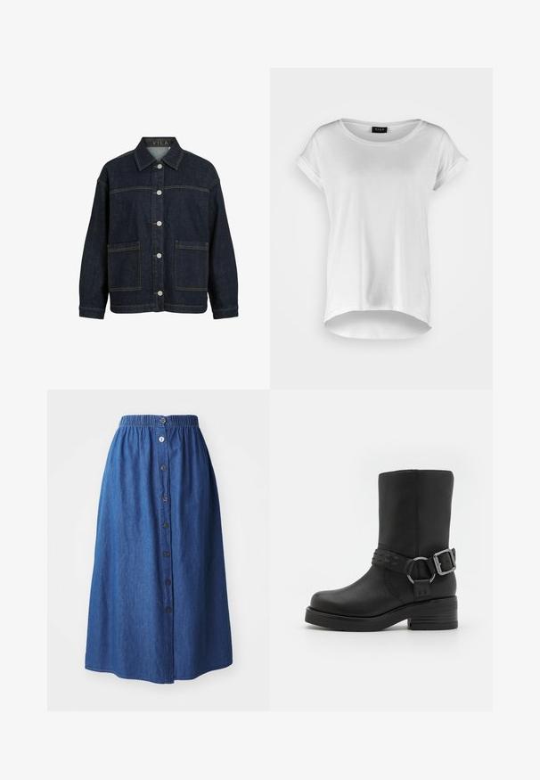 Mørkeblå denimjakke med lange ærmer, knaplukning foran, store forlommer og krave, mærket VILA inde i kraven.; Hvid kortærmet T-shirt med rund halsudskæring, lidt længere bagkant, blødt bomuldsstof og oprullede ærmer. Ingen synlige tryk.; Denim nederdel med elastisk talje, blå stof, fuld længde, front lukning med knapper og subtil tekstur. Ingen synlige mønstre eller accenter.; Sort læderankelstøvle med rund tå, tyk hæl og en dekorativ spænde-rem omkring anklen. Struktureret finish.