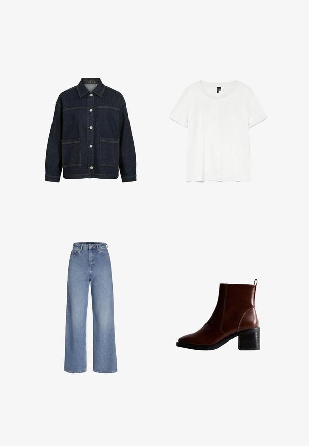 Donkerblauwe spijkerjas met lange mouwen, knoopsluiting aan de voorkant, grote voorzakken en kraag, met label VILA aan de binnenkant van de kraag.; Witte t-shirt met korte mouwen en een ronde hals, gemaakt van lichte stof. Eenvoudig ontwerp, gladde textuur en rechte zoom.; Lichtblauwe denim jeans met hoge taille, brede pijpen, voor knoop- en ritssluiting en een ontwerp met vijf zakken.; Bruin lederen enkellaars met een vierkante neus en zijnaad, een gestapelde hak van 7,5 cm en een lus aan de achterkant voor gemakkelijk aan- en uittrekken.
